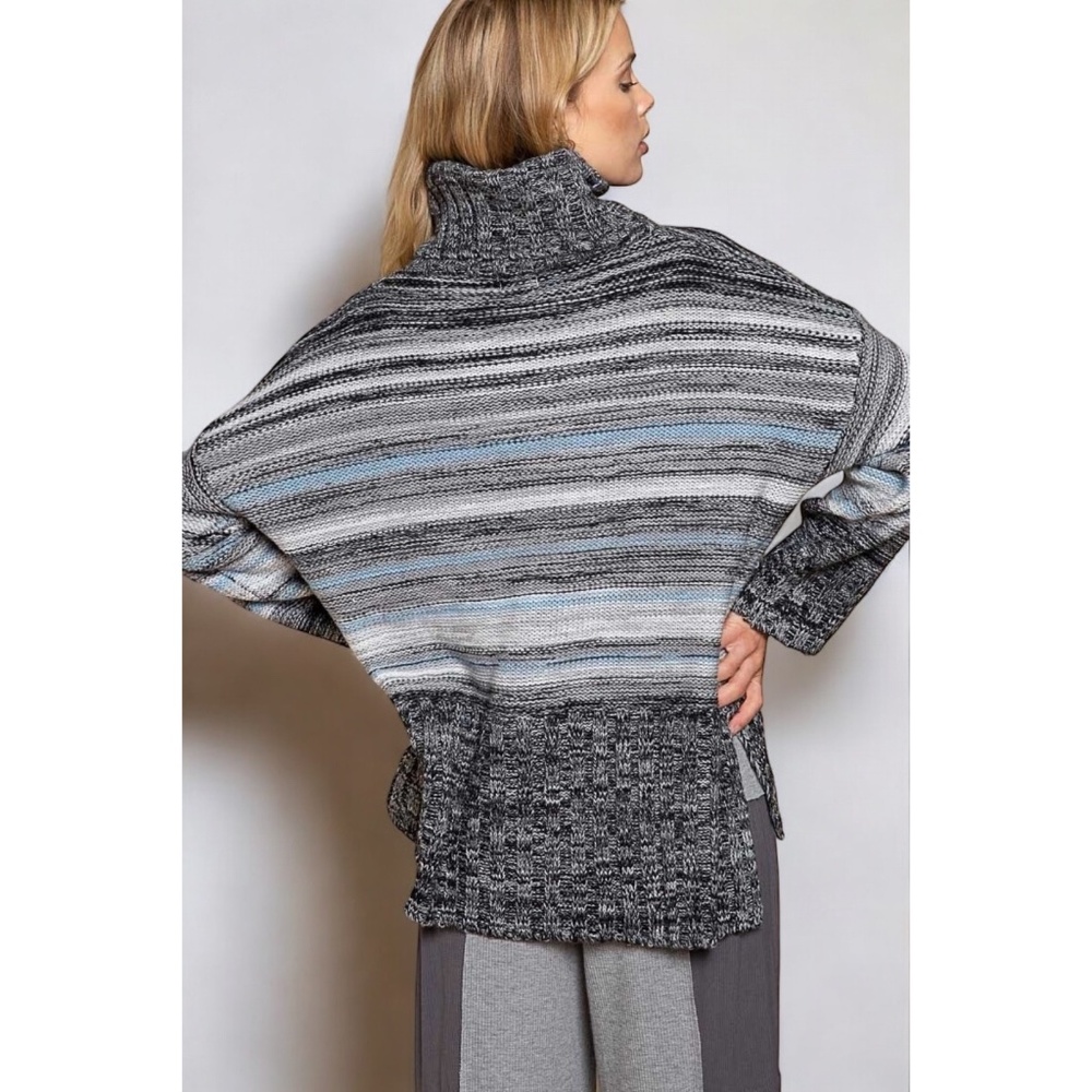 POL Heather Black Gray Blue Striped Relaxed Fit Turtleneck Sweater - Picture 5 of 8